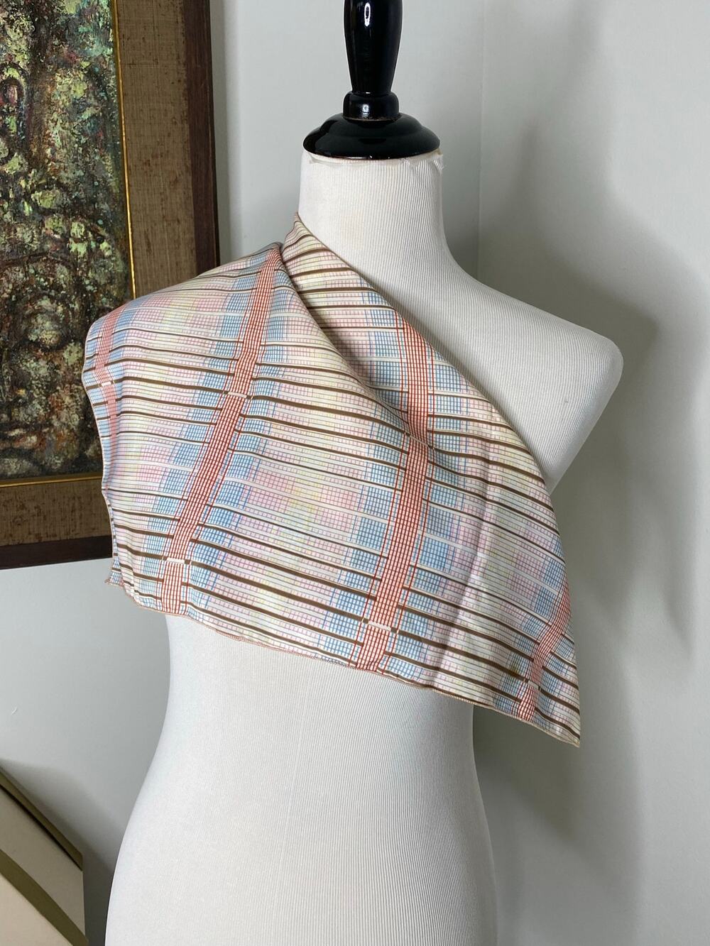 Retro Plaid Square Scarf 21" Cream Blue Pink Rust Neck Hair Bandana
